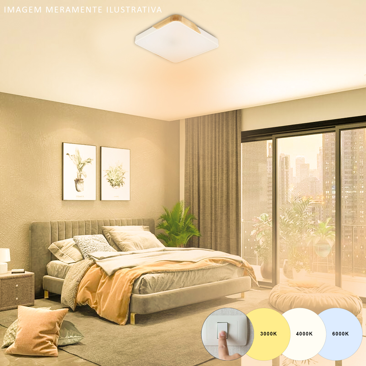 Luminária Plafon Led Sobrepor Wood 48/96W Bivolt Luz Amarela/Neutra/Branca 3000/4000/6000K - Hevvy