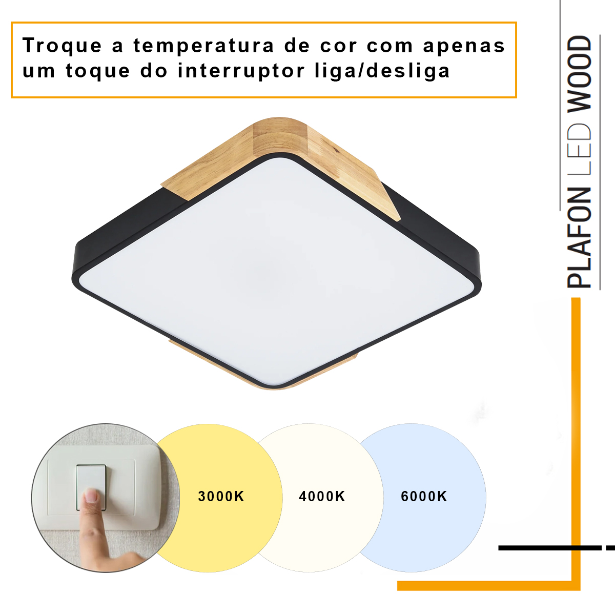Luminária Plafon Led Sobrepor Wood 48/96W Bivolt Luz Amarela/Neutra/Branca 3000/4000/6000K - Hevvy