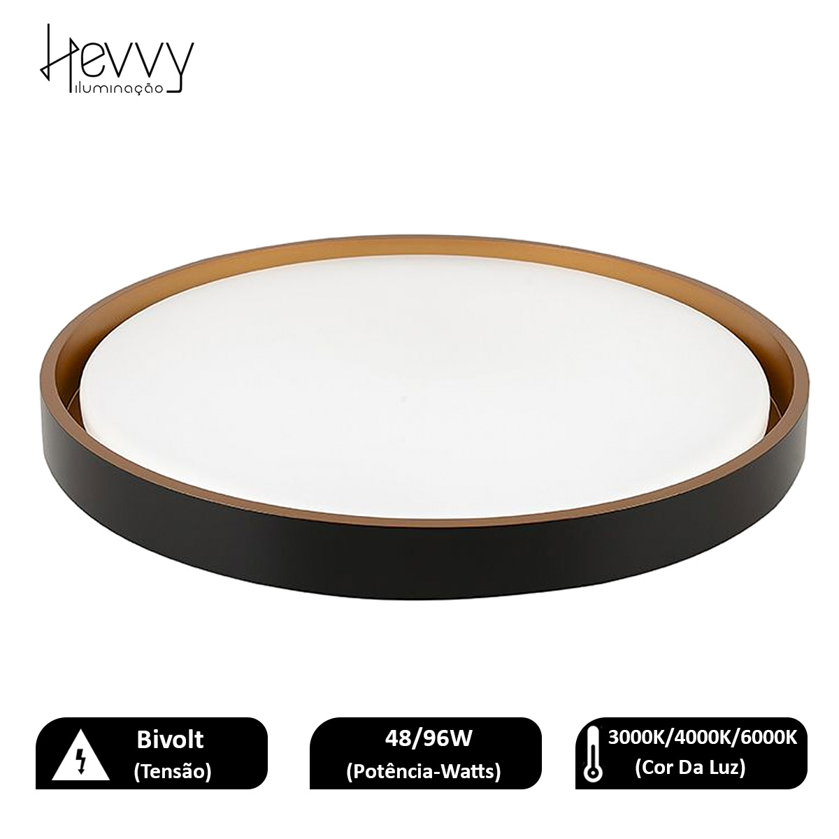 Luminária Plafon Led Sobrepor Montana Preto/Dourado 48/96W Bivolt 3000K/4000K/6000K Luz Amarela/Neutra/Branca - Hevvy