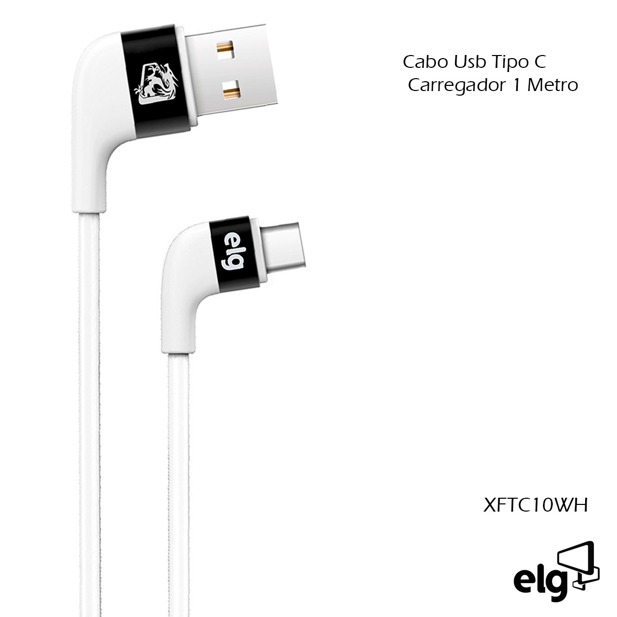 Cabo Usb Tipo C Carregador Branco 1 Metro Conector 90G 3A 15W XFTC10WH - Elg
