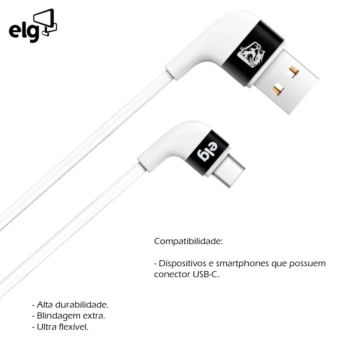 Cabo Usb Tipo C Carregador Branco 1 Metro Conector 90G 3A 15W XFTC10WH - Elg
