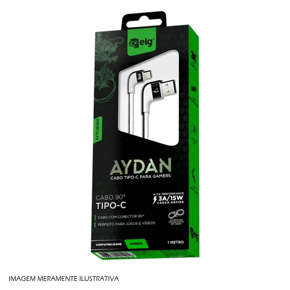 Cabo Usb Tipo C Carregador Branco 1 Metro Conector 90G 3A 15W XFTC10WH - Elg
