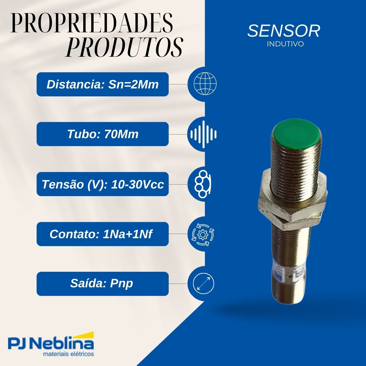 Sensor Indutivo Cilíndrico Roscado Sn=2Mm M12X1,00Mm Latão 4 Fios 10-30Vcc Conector M12 4 Pinos Pnp 1Na+1Nf Traseira Iluminada - Weg