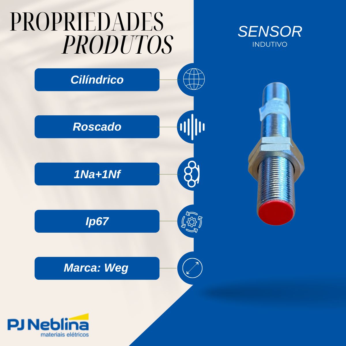 Sensor Indutivo Cilíndrico Roscado Sn=2Mm M12X1,00Mm Latão 4 Fios 10-30Vcc Conector M12 4 Pinos Npn 1Na+1Nf Traseira Iluminada - Weg