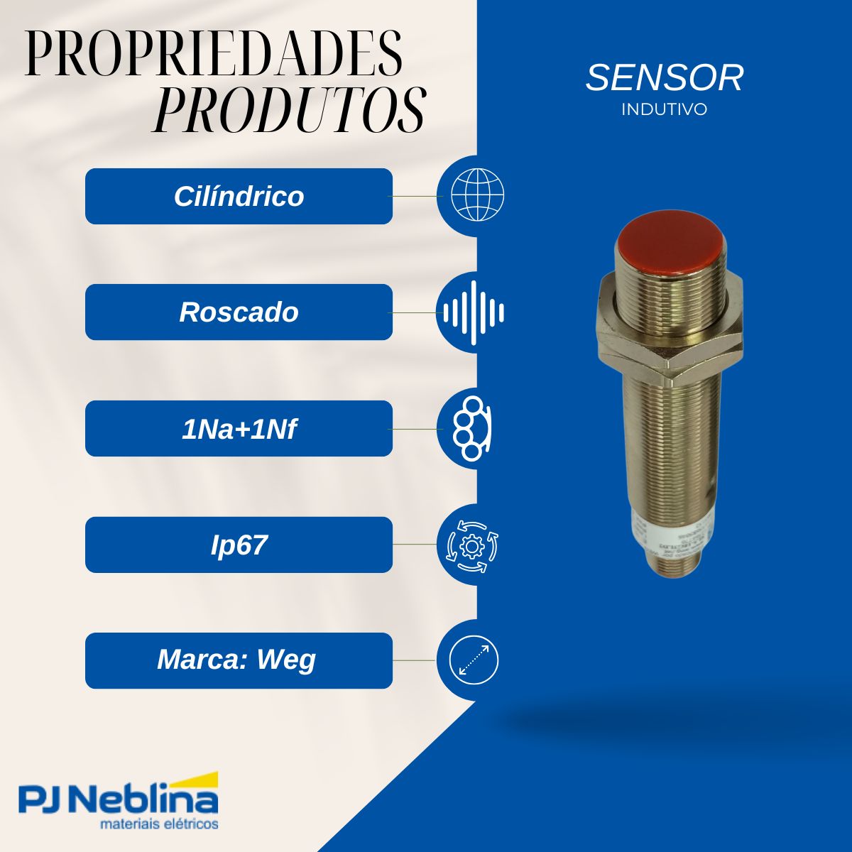Sensor Indutivo Cilíndrico Roscado Sn=5Mm M18X1,00 mm Latão 4 Fios 10-30Vcc Conector M12 4 Pinos Npn 1Na+1Nf - Weg