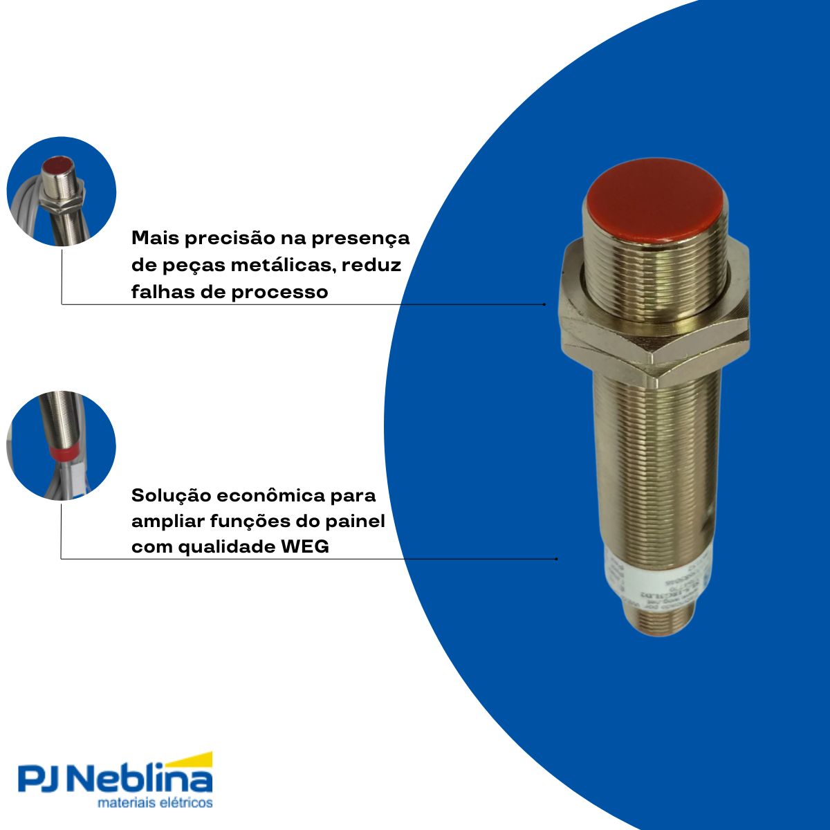 Sensor Indutivo Cilíndrico Roscado Sn=5Mm M18X1,00 mm Latão 4 Fios 10-30Vcc Conector M12 4 Pinos Npn 1Na+1Nf - Weg