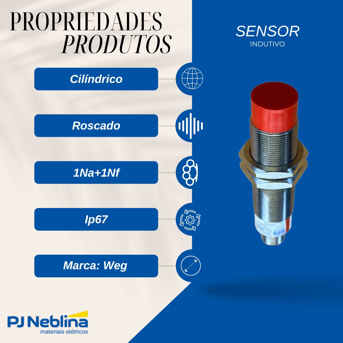 Sensor Indutivo Cilíndrico Roscado Sn=8Mm M18X1,00Mm Latão 4 Fios 10-30Vcc Conector M12 4 Pinos Npn 1Na+1Nf - Weg
