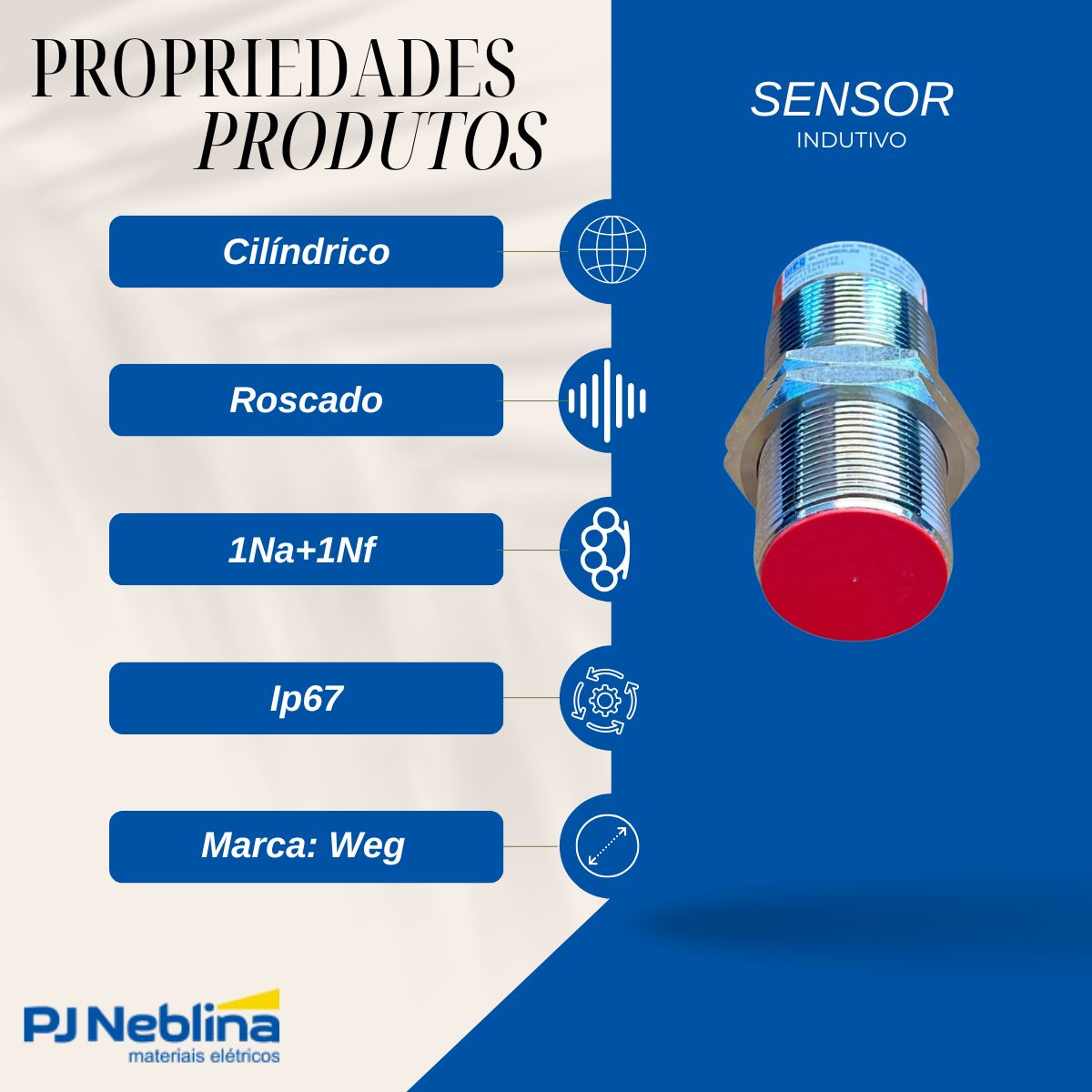 Sensor Indutivo Cilíndrico Roscado Sn=10Mm M30X1,50Mm Latão 4 Fios 10-30Vcc Conector M12 4 Pinos Npn 1Na+1Nf - Weg