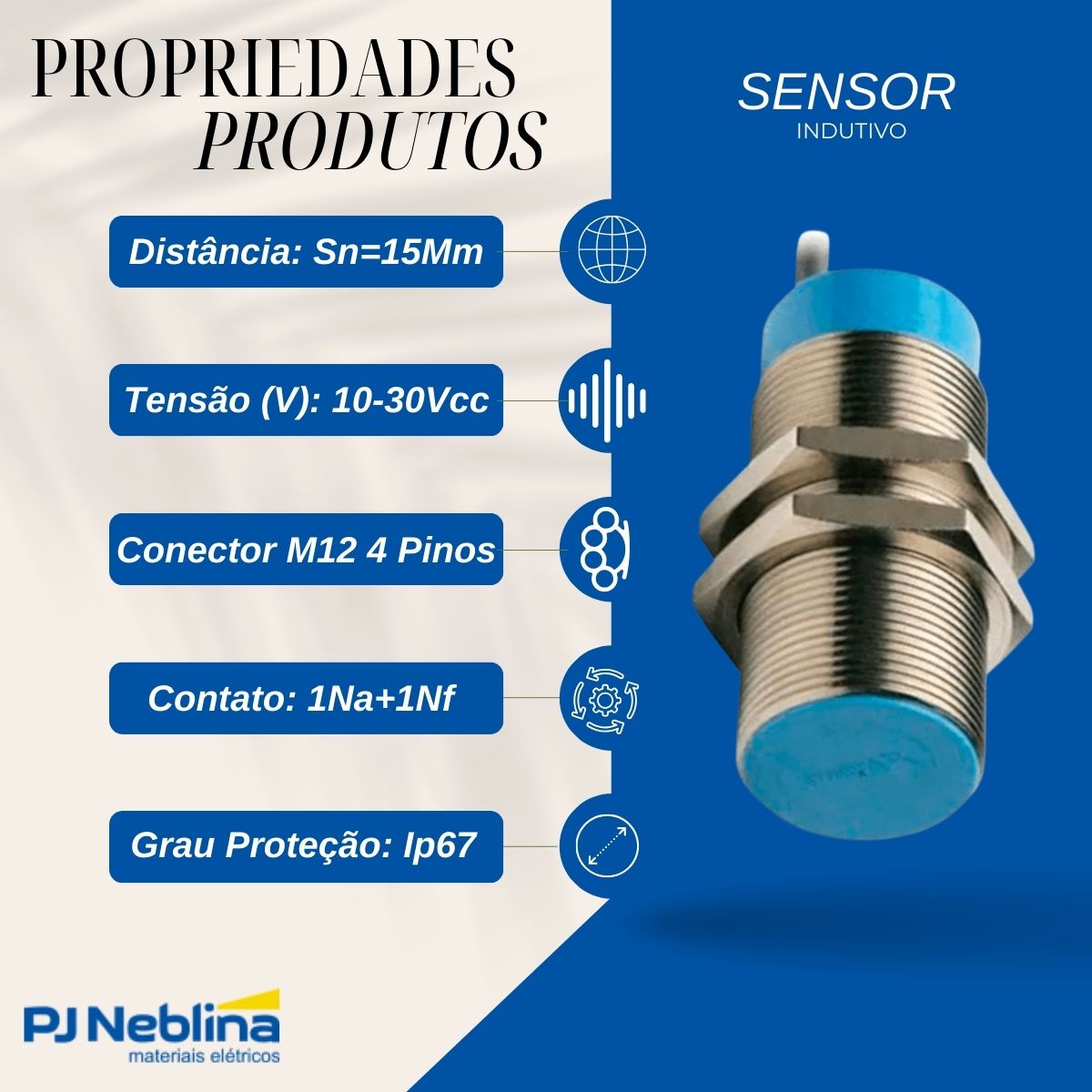 Sensor Indutivo Cilíndrico Roscado Sn=15 Mm M30X1,50Mm Latão 4 Fios 10-30Vcc Conector M12 4 Pinos Pnp 1Na+1Nf - Weg