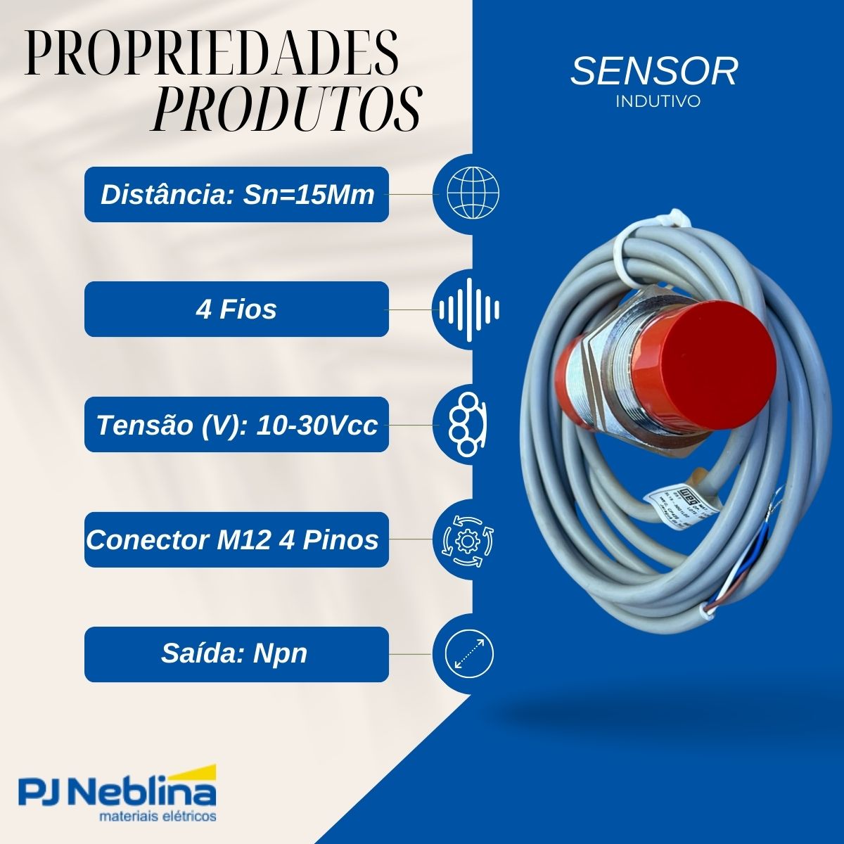 Sensor Indutivo Cilíndrico Roscado Sn=15Mm M30X1,50Mm Latão 4 Fios 10-30Vcc Conector M12 4 Pinos Npn 1Na+1Nf - Weg