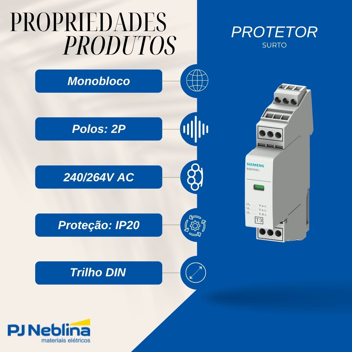 Protetor Surto Dps Monobloco Spd Tipo 3 2P 240/264V 25A 10Ka Cz Classe Iii Ip20 - Siemens