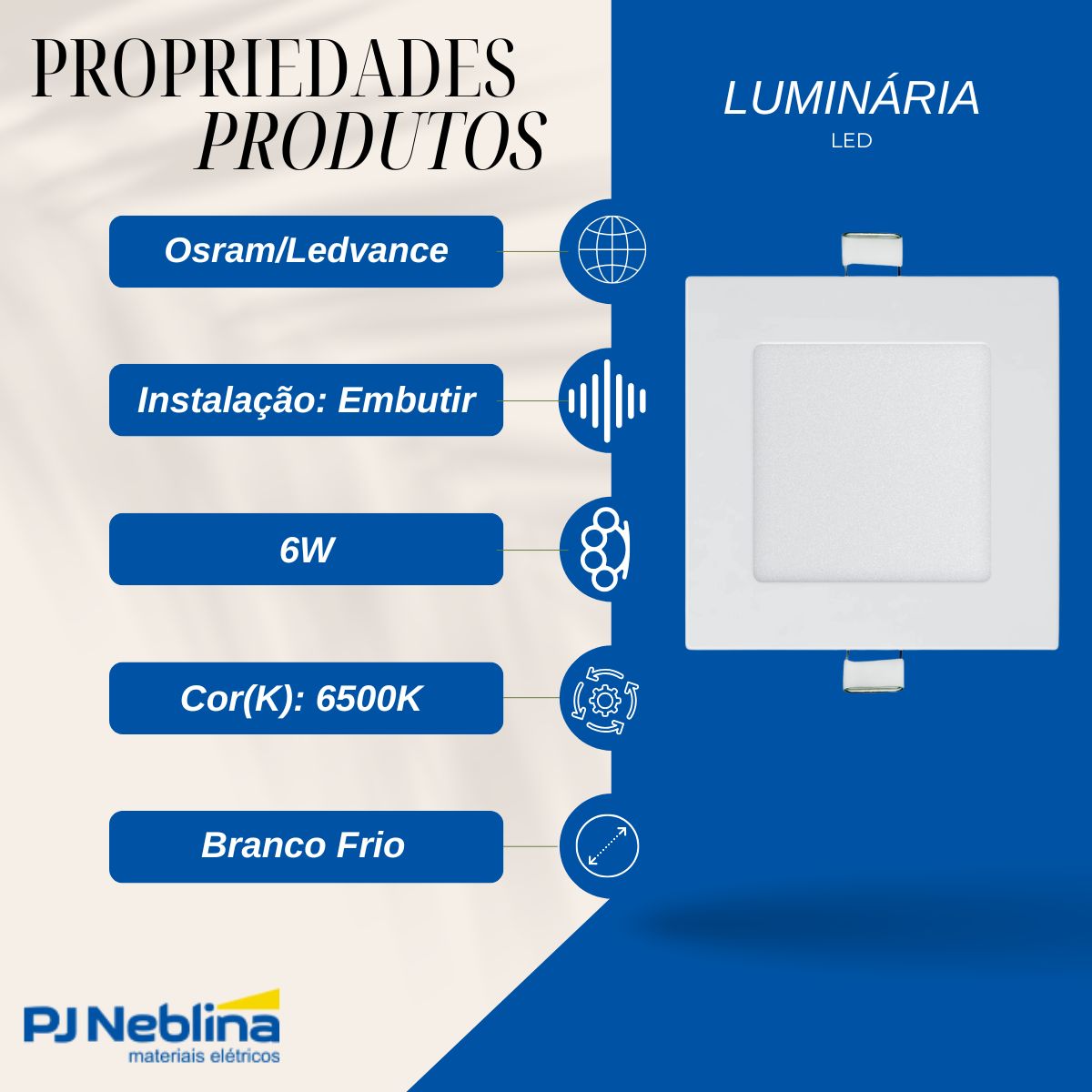 Luminária Painel Led Embutir Quadrado Branco 6W Bivolt 6500K Branco Frio 420Lm Difusor Polipropileno - Ledvance