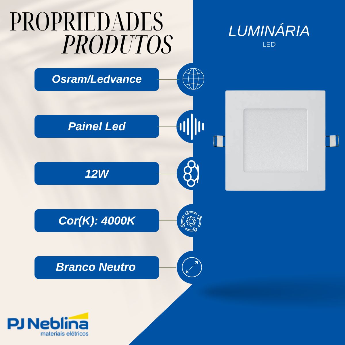 Luminária Painel Led Embutir Quadrado Bc 12W Bivolt 4000K Branco Neutro 840Lm Difusor Polipropileno - Ledvance