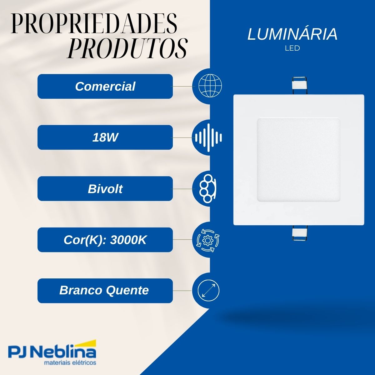 Luminária Painel Led Embutir Quadrado Branco 18W Bivolt 3000K Branco Quente 1260Lm Difusor Polipropileno - Ledvance
