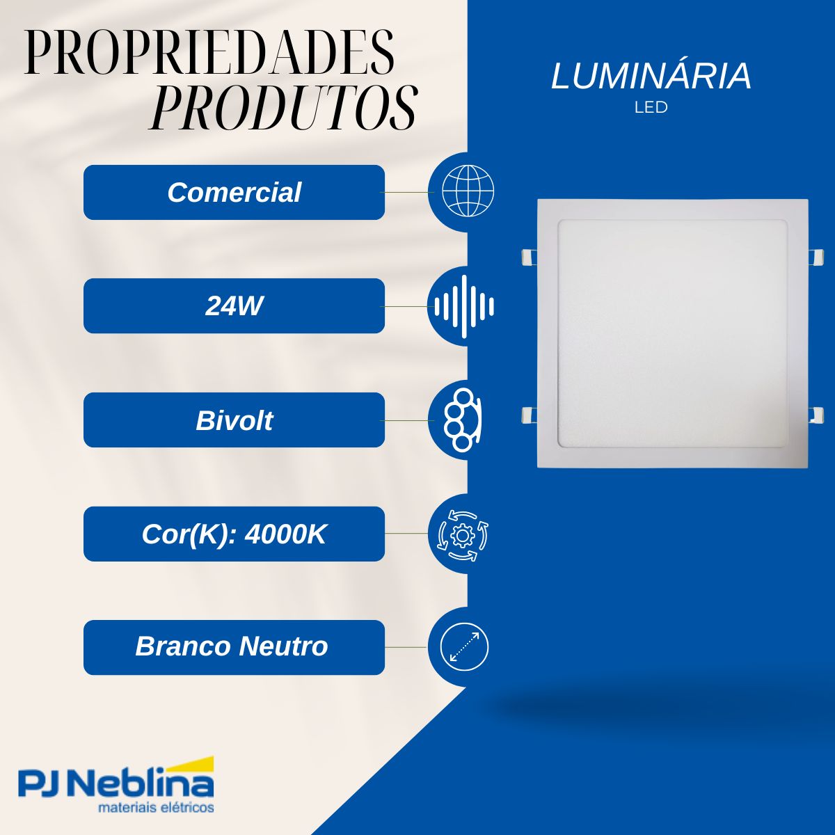 Luminária Painel Led Embutir Quadrado Branco 24W Bivolt 4000K Branco Neutro 1800Lm Difusor Polipropileno - Ledvance
