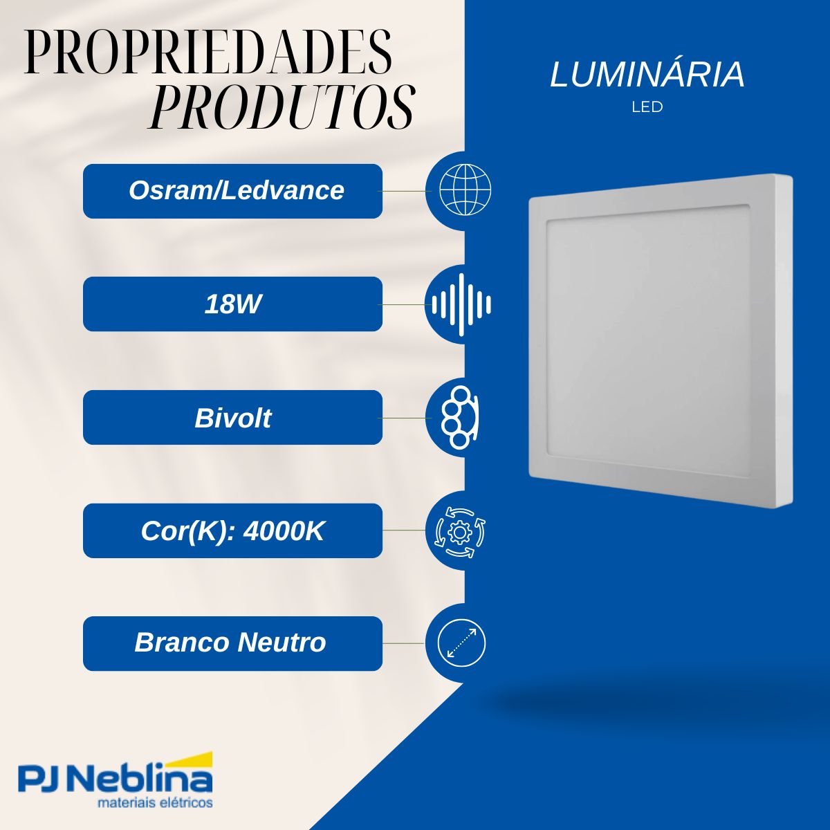 Luminária Plafon Led Sobrepor Quadrado Branco 18W Bivolt 4000K Branco Neutro 1350Lm Difusor Polipropileno - Ledvance