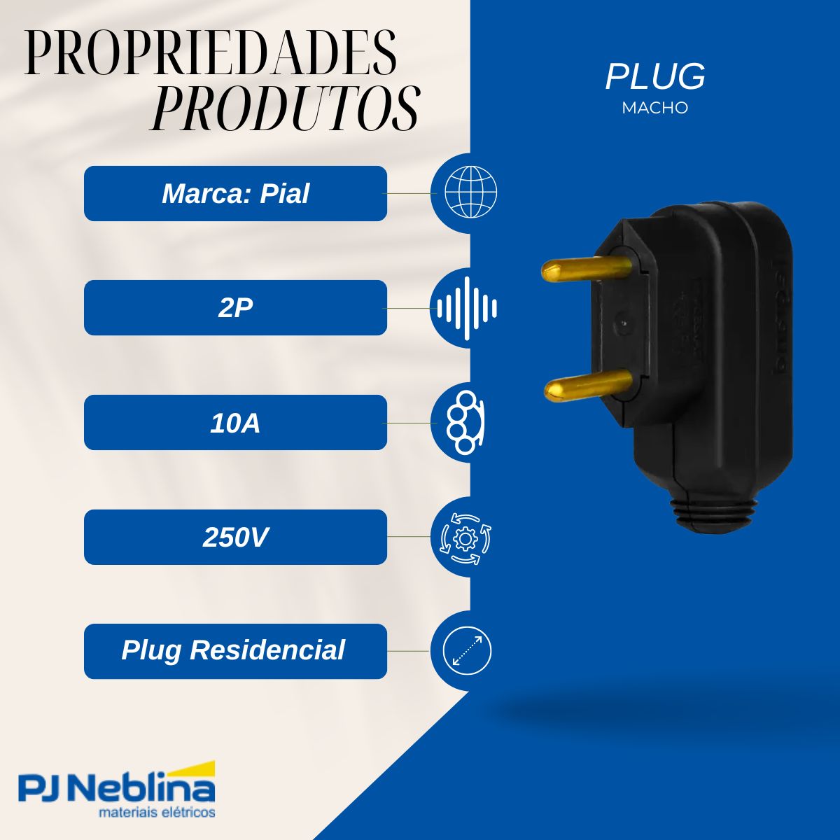 Plug Macho 2p 10a 250v Pt Lateral 90g