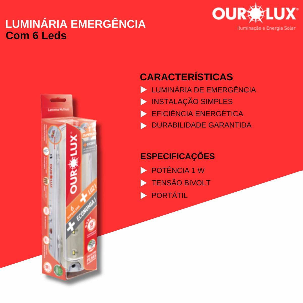 Luminária Emergência Led Portátil 1W Bivolt Com 6 Leds 6400K Luz Branca - Ourolux