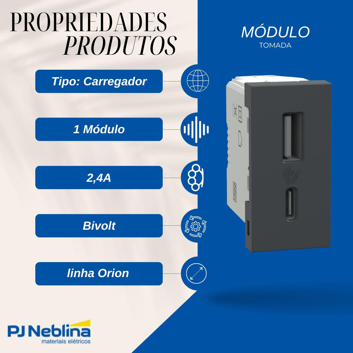 Módulo Tomada Carregador com 2 Entradas USB (Tipo A + Tipo C), 1 Módulo, 2,4 A, Bivolt, Grafite, Linha Orion â Schneider Electric