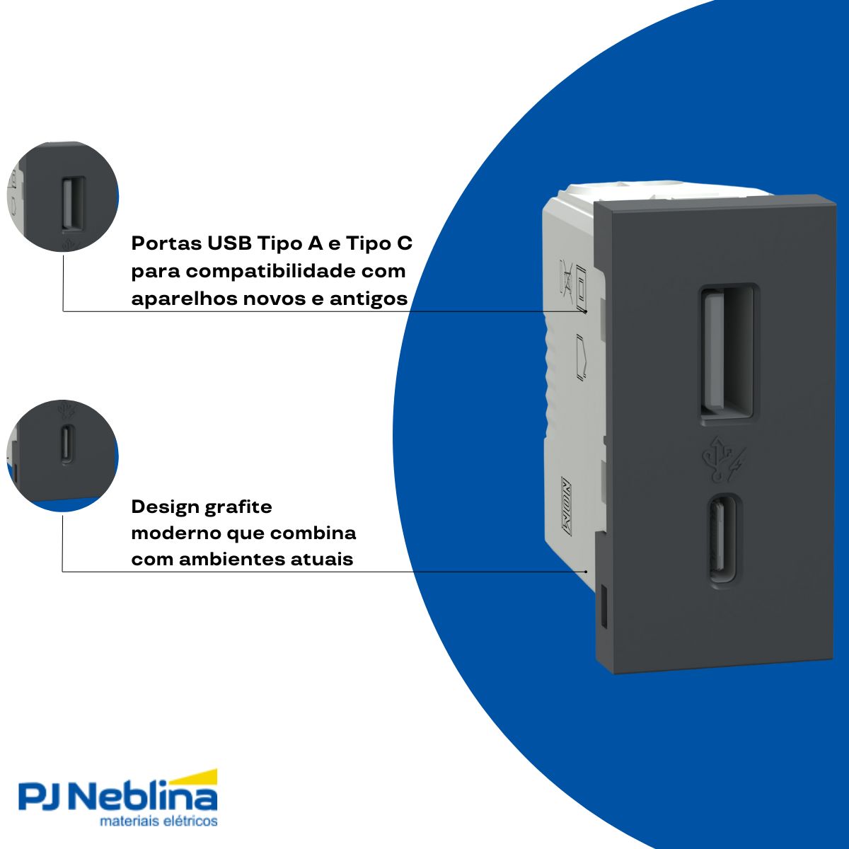 Módulo Tomada Carregador com 2 Entradas USB (Tipo A + Tipo C), 1 Módulo, 2,4 A, Bivolt, Grafite, Linha Orion â Schneider Electric
