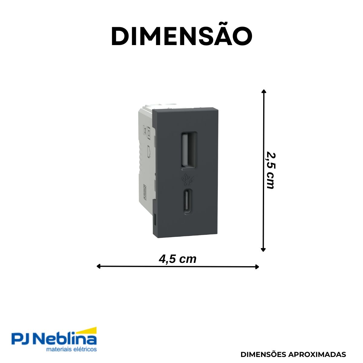 Módulo Tomada Carregador com 2 Entradas USB (Tipo A + Tipo C), 1 Módulo, 2,4 A, Bivolt, Grafite, Linha Orion â Schneider Electric