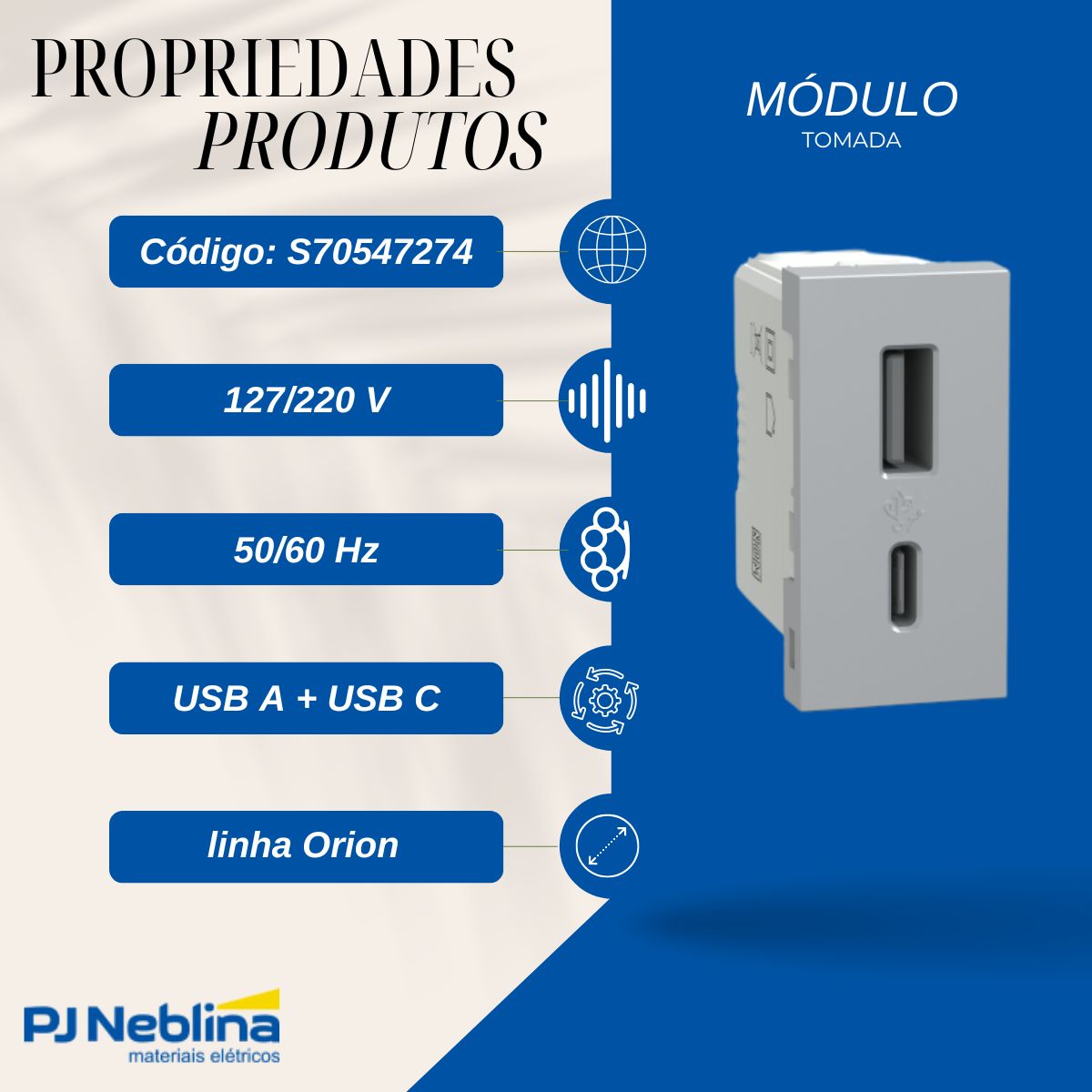 Módulo Tomada Carregador 2 Entradas Usb (Tipo A+C) 1 Módulo 2,4A Bivolt Al Orion - Schneider
