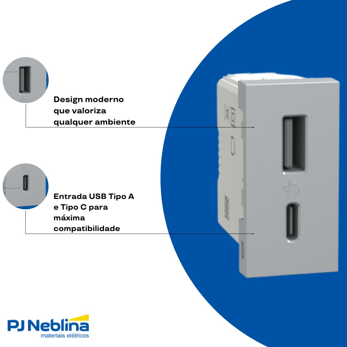 Módulo Tomada Carregador 2 Entradas Usb (Tipo A+C) 1 Módulo 2,4A Bivolt Al Orion - Schneider