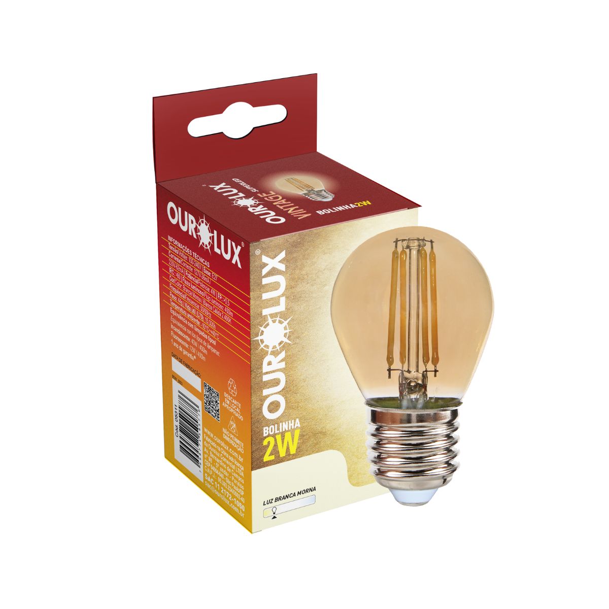 Lâmpada LED Filamento Bolinha G45 2W Bivolt Branco Quente - Ourolux