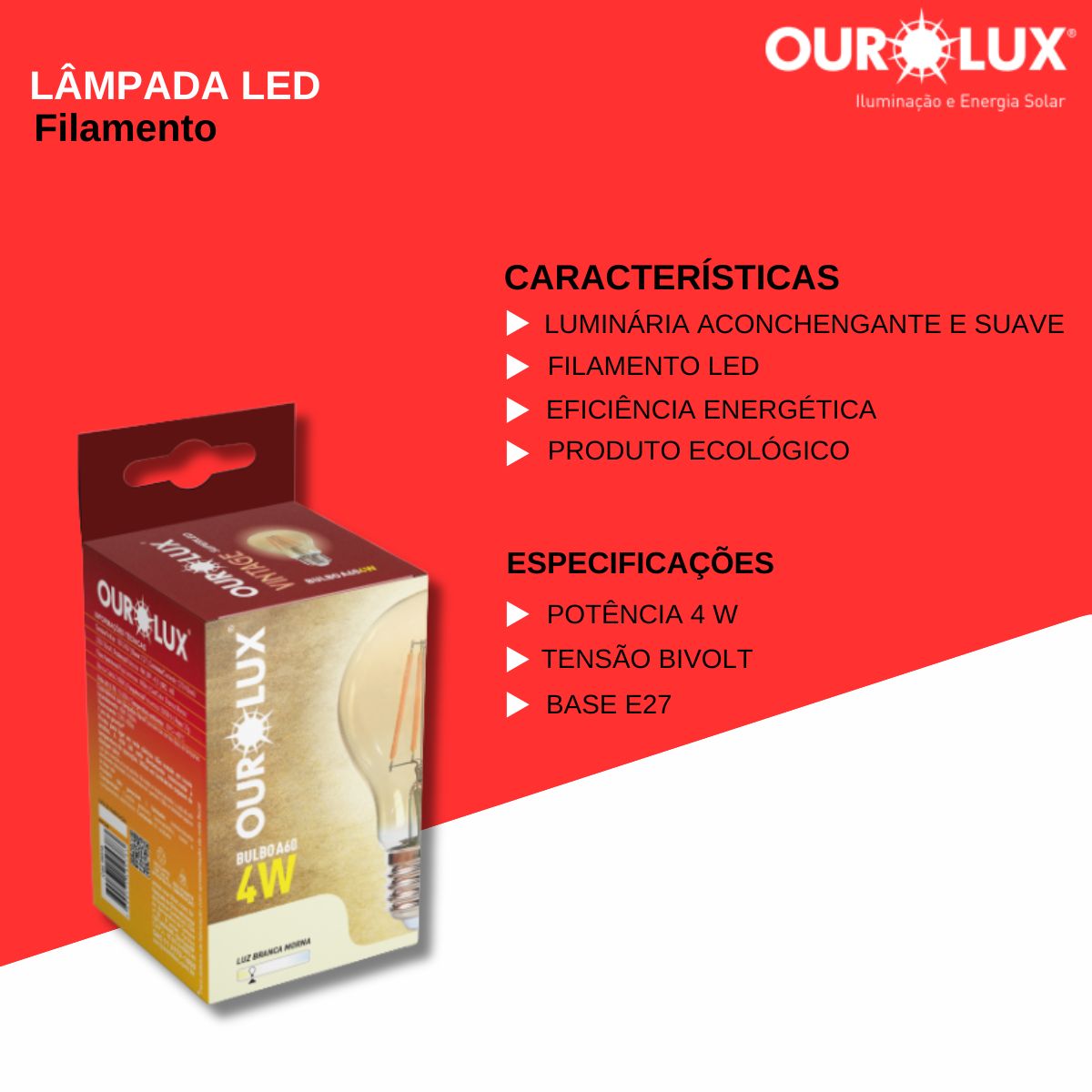 Lâmpada Led Filamento Bulbo A60 4W Bivolt 2400K Luz Amarela - Ourolux