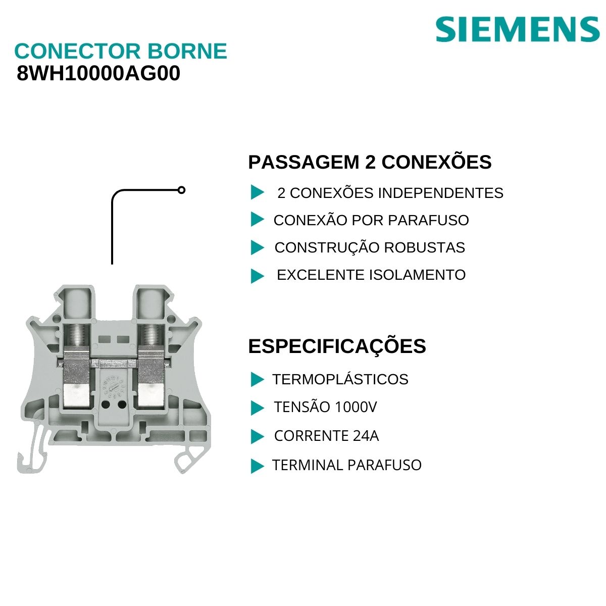 Conector Borne Passagem 2 Conexões 4,00Mm 1000V Cinza 8WH10000AG00 - Siemens