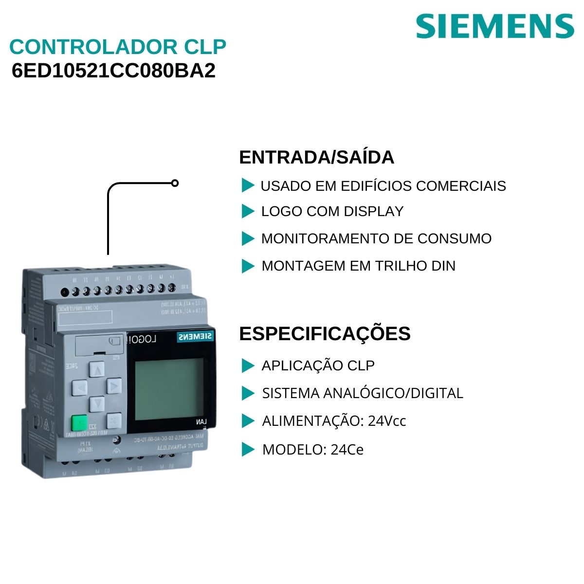 Controlador Clp Entrada/Saída Analógica/Digital Ethernet Logo Com Display 6ED10521CC080BA2 - Siemens