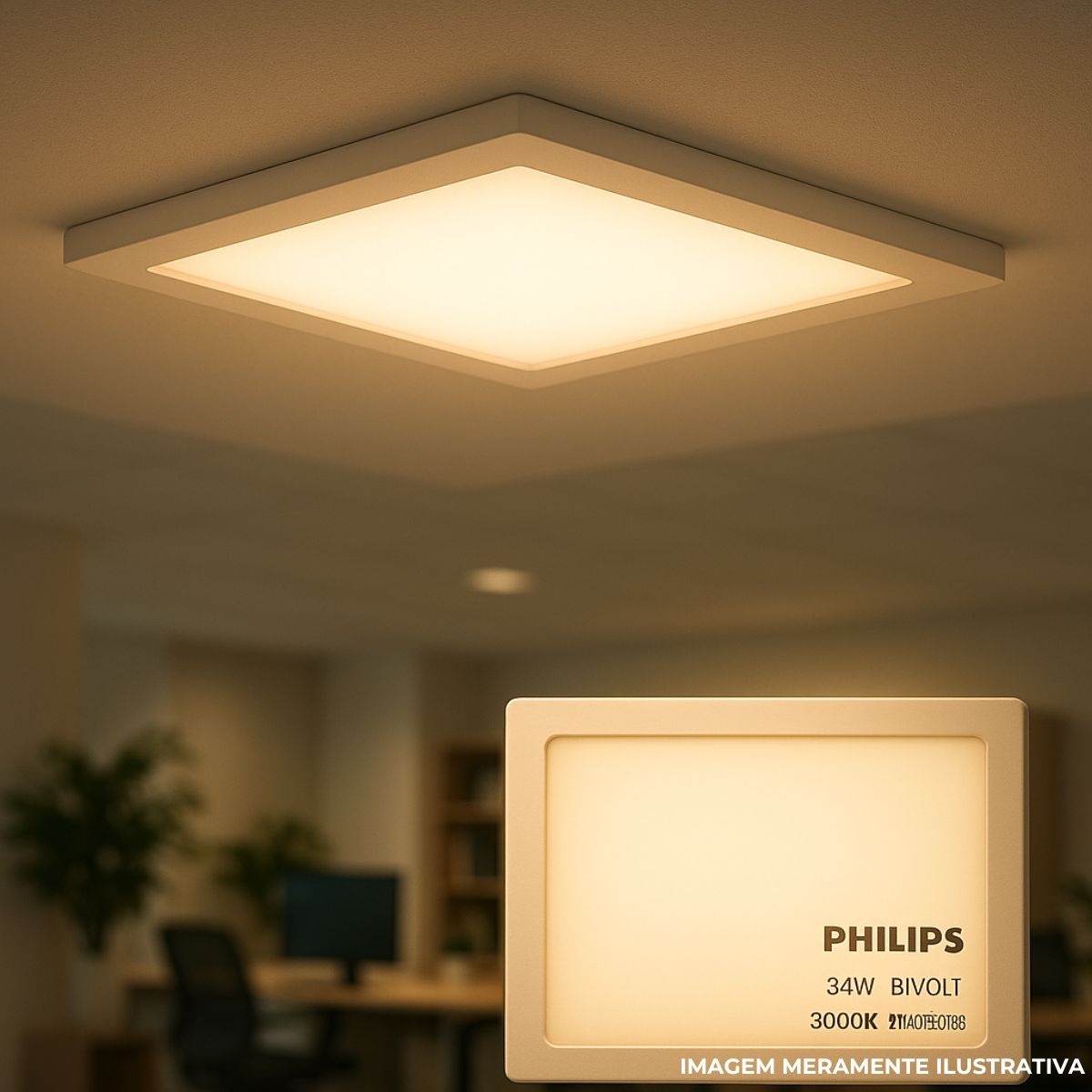 Luminária Painel Led Embutir Quadrado Branco 34W Bivolt 3000K Branco Quente 4100Lm - Philips