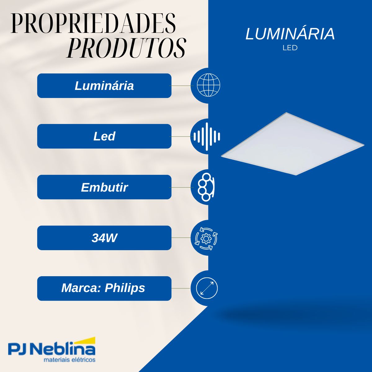 Luminária Painel Led Embutir Quadrado Branco 34W Bivolt 4000K Branco Neutro 4260Lm - Philips
