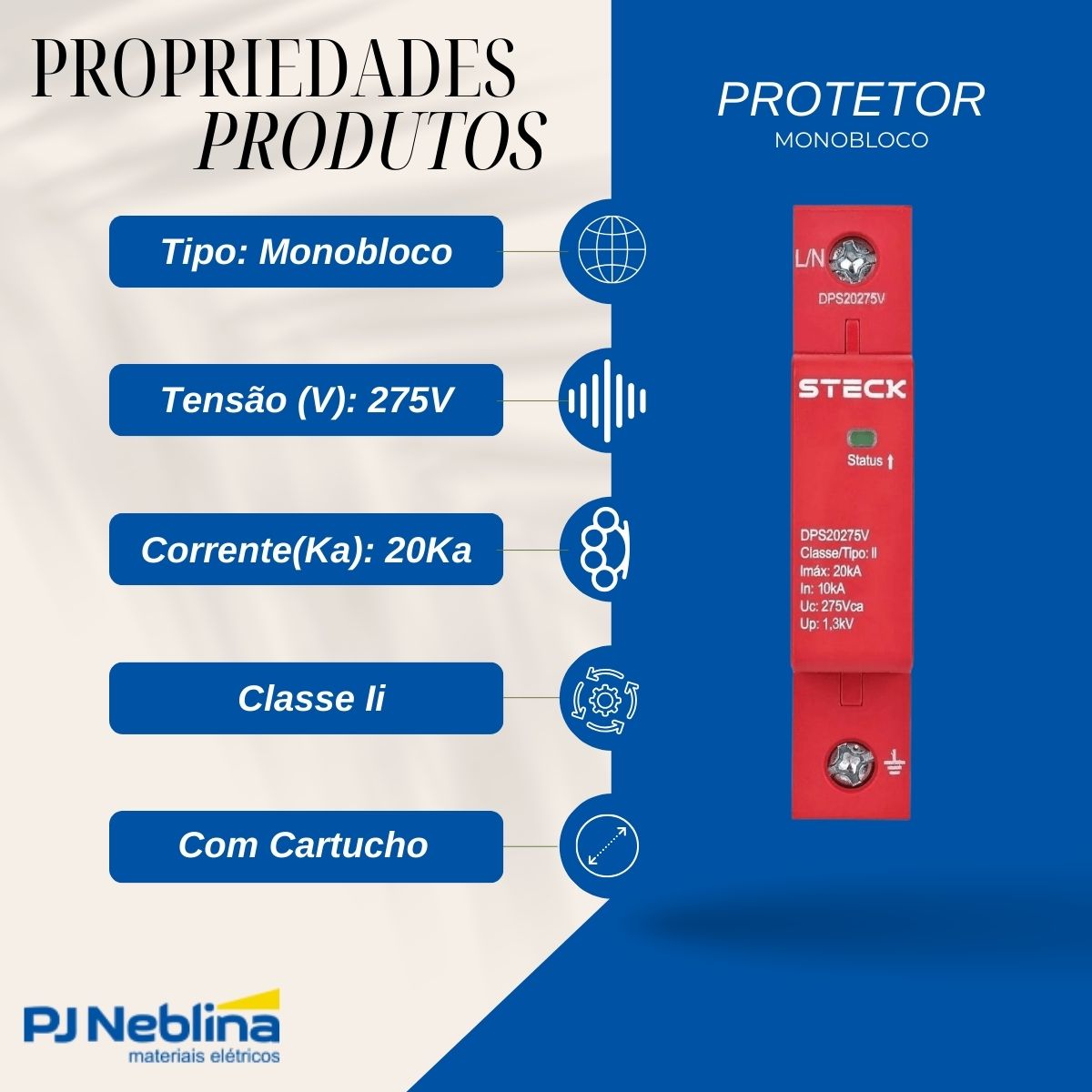 Protetor Surto Dps Monobloco 275V 20Ka Vermelho Classe Ii Com Cartucho - Steck