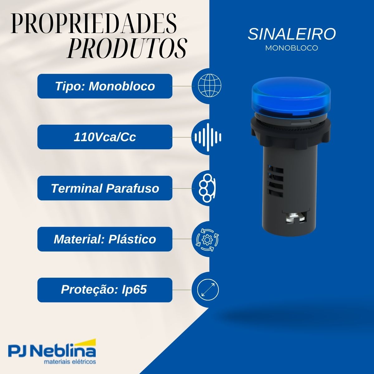 Sinaleiro Monobloco Faceado Redondo 22,5Mm 110Vca/Cc Plástico Led Az Terminal Parafuso Plástico Preto Ip65 - Schneider