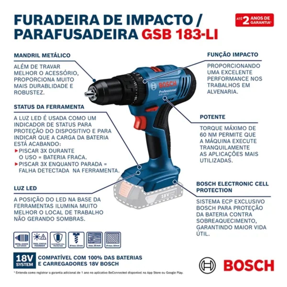 Parafusadeira E Furadeira Impacto 1/2 (13Mm) Bateria GSB 183-Li 18V Bosch