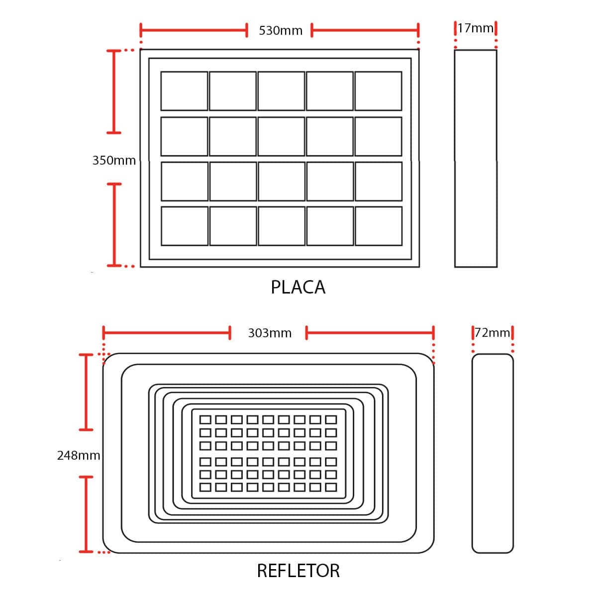 Luminária Refletor Solare Led Retangular Preto 100W 6500K Luz Branca 1800Lm 90G Com Painel/Sensor Presença Avant