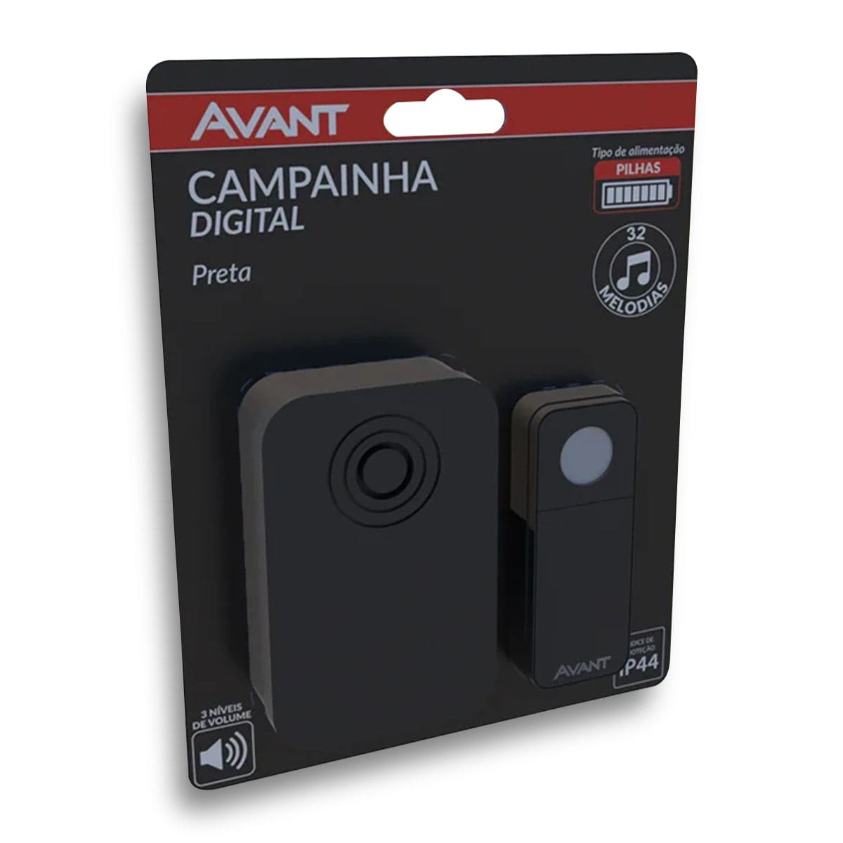 Campainha Eletrônica Sem Fio Preto 2x Pilhas AA 32 Toques Policarbonato Avant