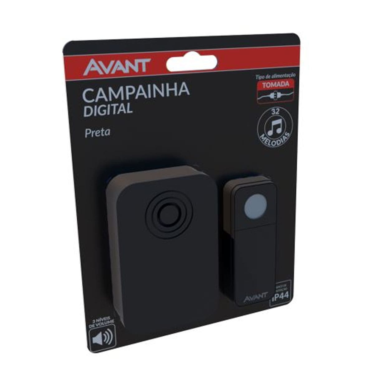 Campainha Digital Sem Fio Preto Tomada Bivolt 2 Pilhas AA 32 Melodias Avant
