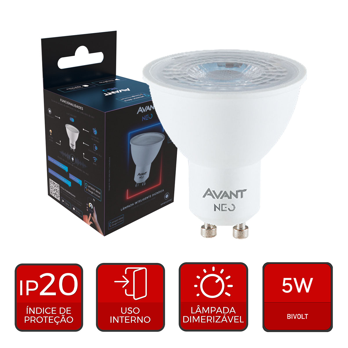 Lâmpada Led Dicróica Par16 5W Bivolt Gu10 2700K-6500L Luz Amarela/Neutra/Branca 450Lm 38G Avant