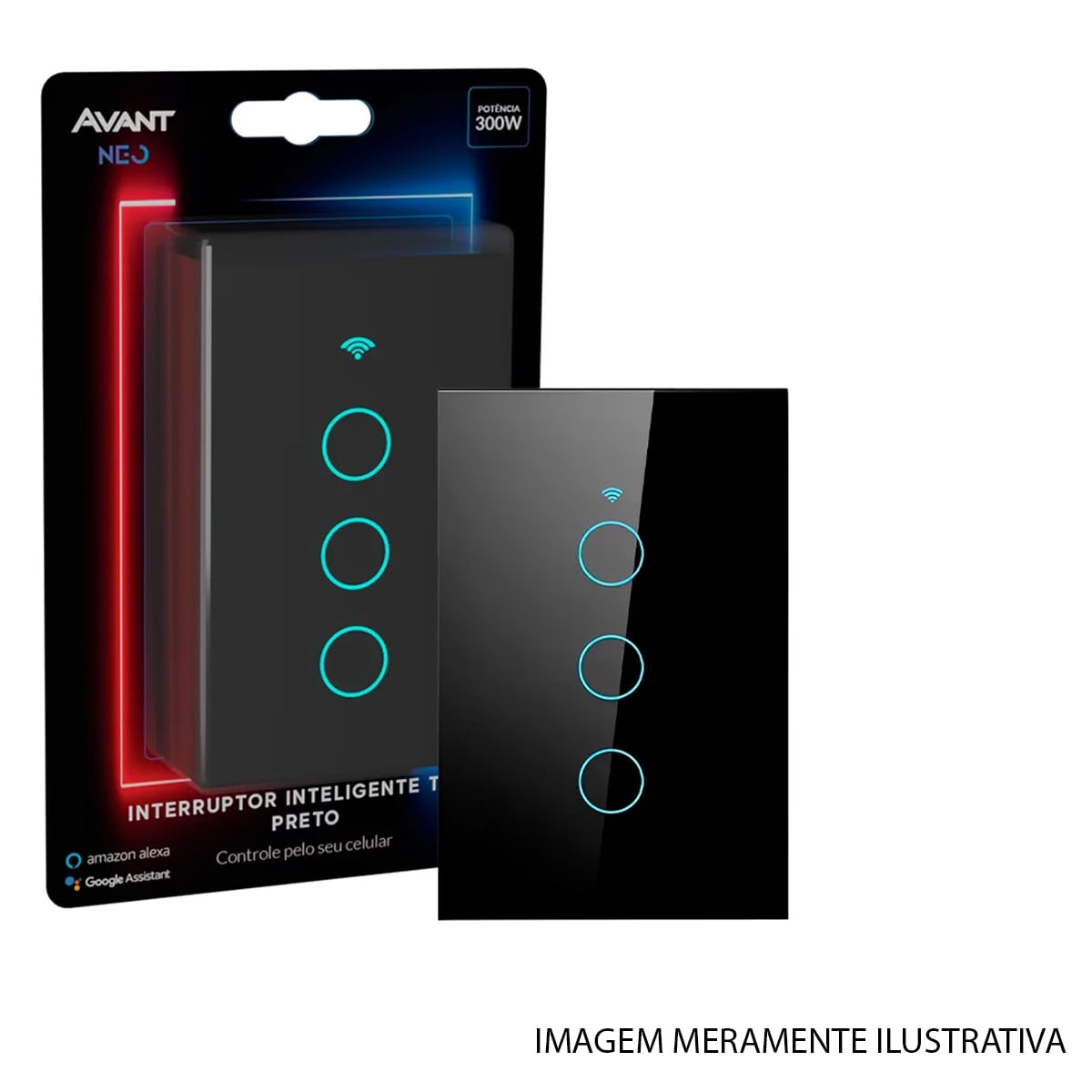 Interruptor Inteligente Smart Wifi Touch 3 Botões 10A Bivolt 4x2 Preto Neo Com Comando Voz Alexa/Google Avant