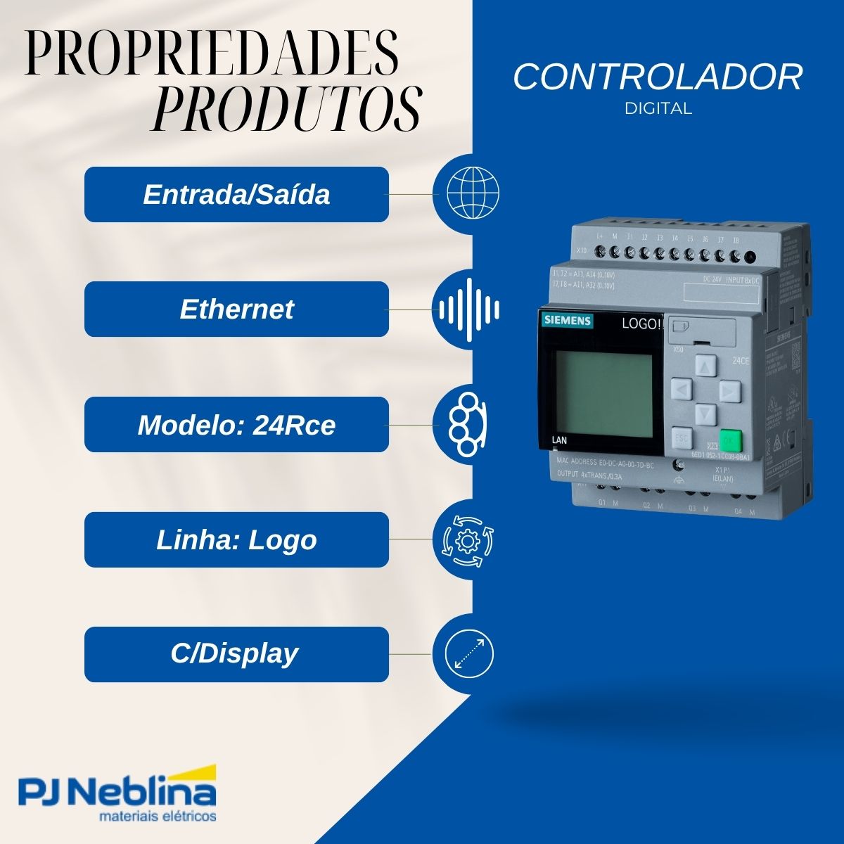 Controlador Clp Entrada/Saída Digital 8Ed/4Sd Ethernet 24Vca/Cc 24Rce Logo C/Display - Siemens