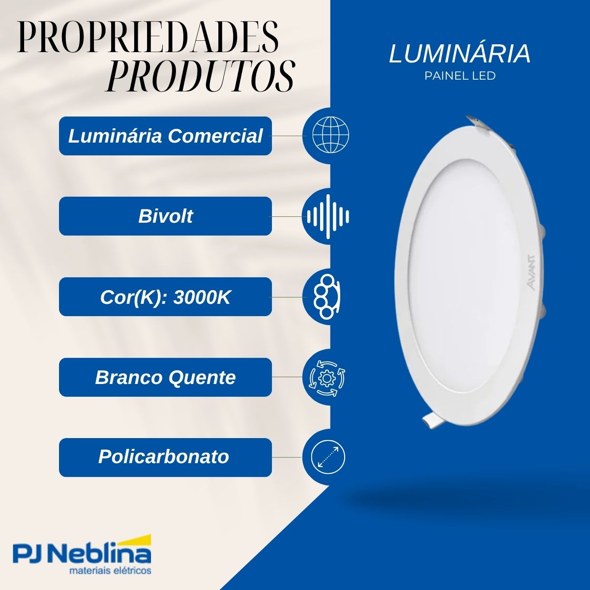 Luminária Painel Led Embutir Redondo Branca 6W Bivolt 3000K Branco Quente 360Lm Dif Policarbonato - Avant