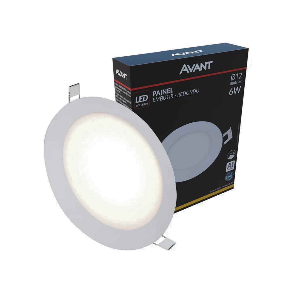 Luminária Painel Led Embutir Redondo Branca 6W Bivolt 3000K Branco Quente 360Lm Dif Policarbonato - Avant