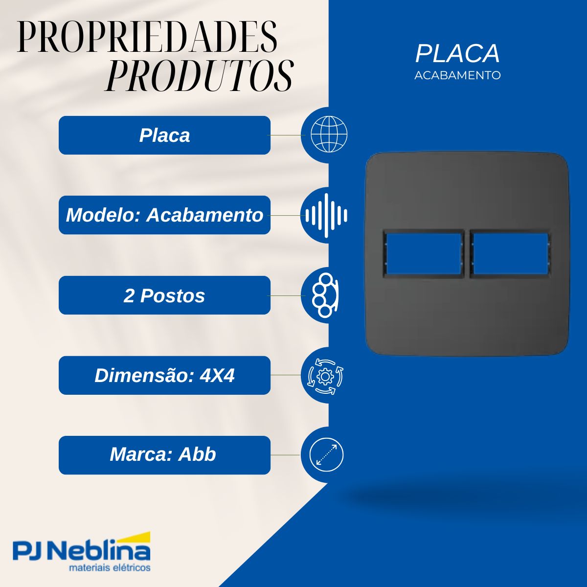Placa Acabamento 4X4 2 Postos Horizontal Preto Origen - Abb