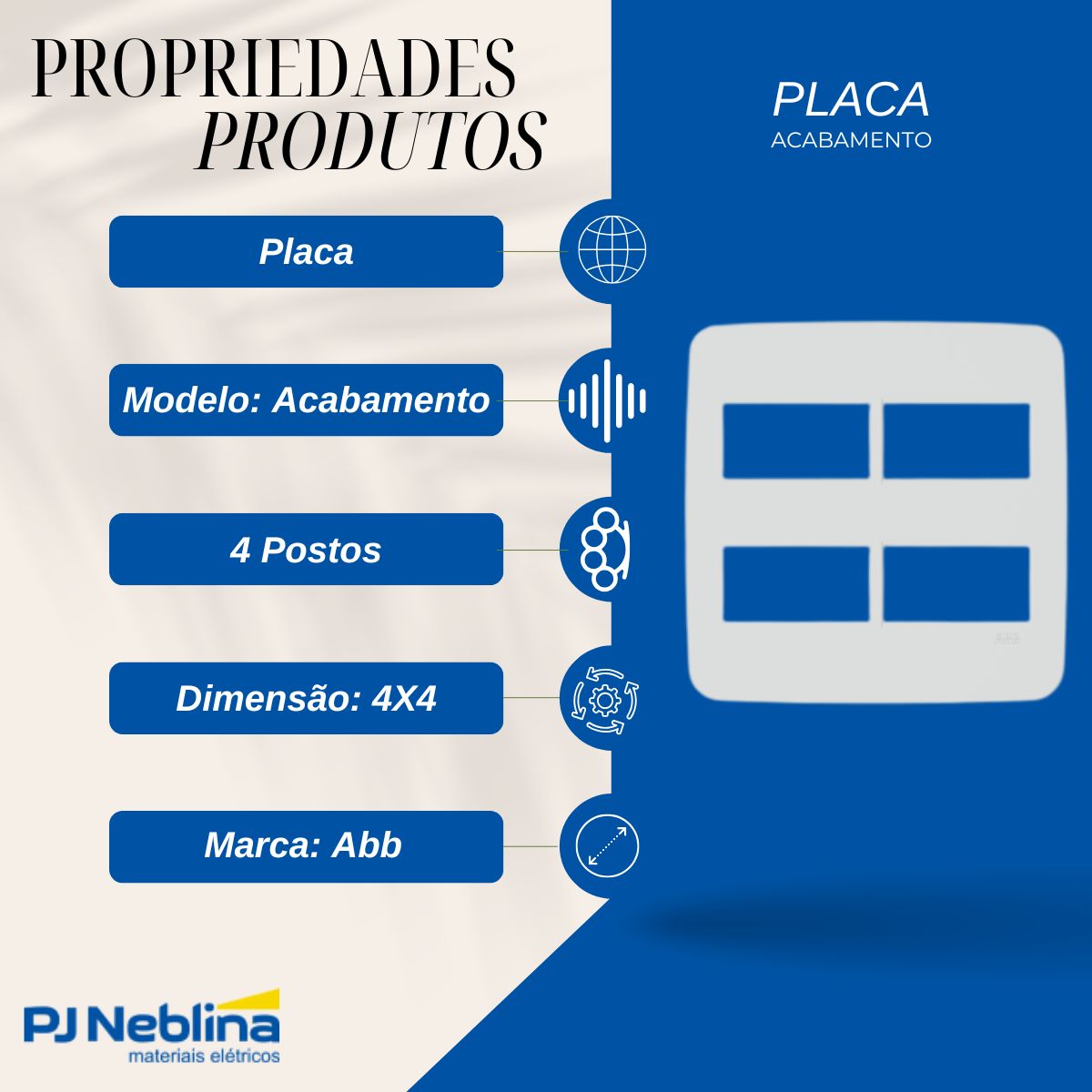 Placa Acabamento 4X4 4 Postos Separados Branco Origen - Abb