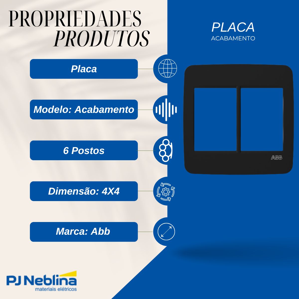 Placa Acabamento 4X4 6 Postos Preto Origen - Abb