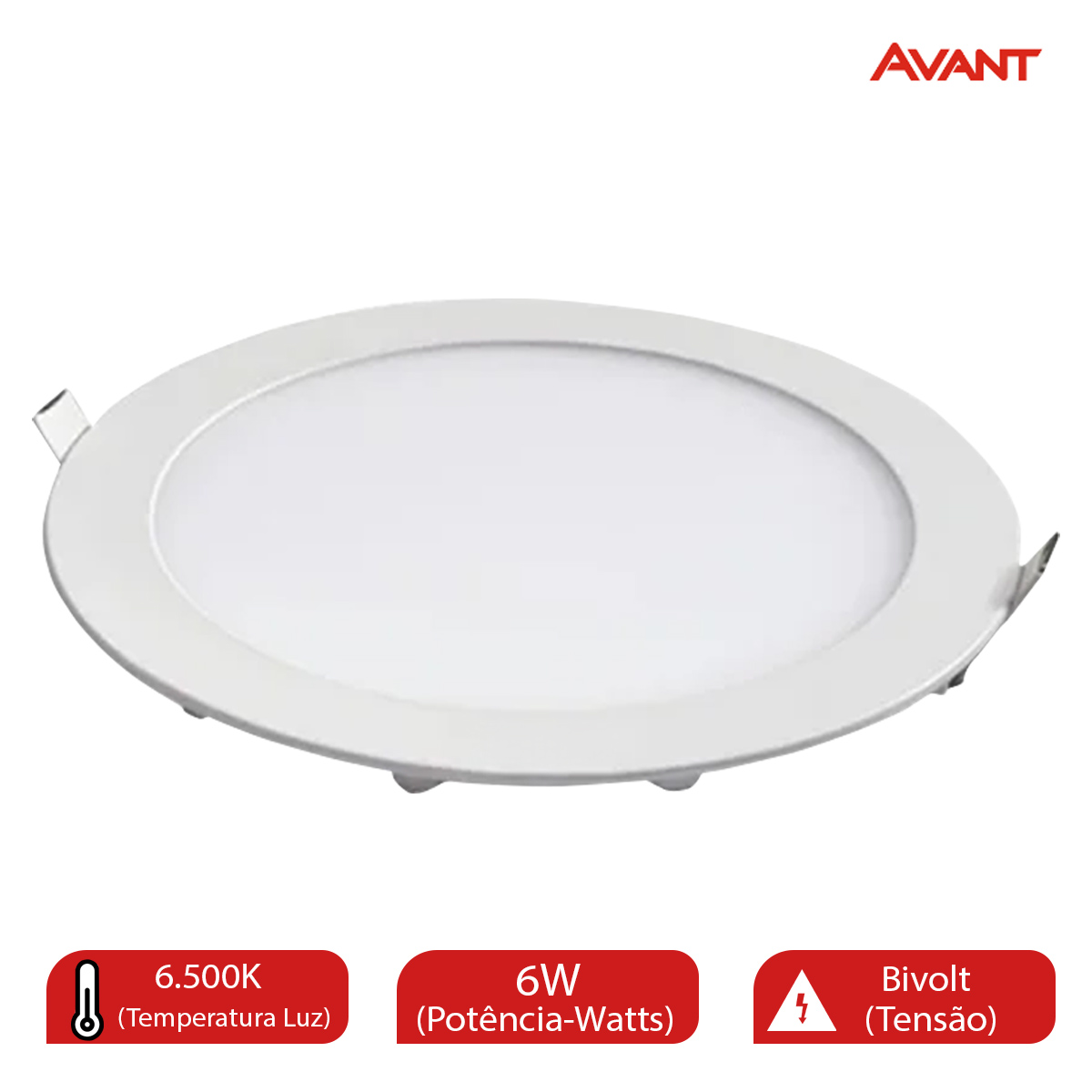 Luminária Painel Led Embutir Redondo Branco 6W Bivolt 6500K Luz Branca 360Lm Difusor Policarbonato Avant