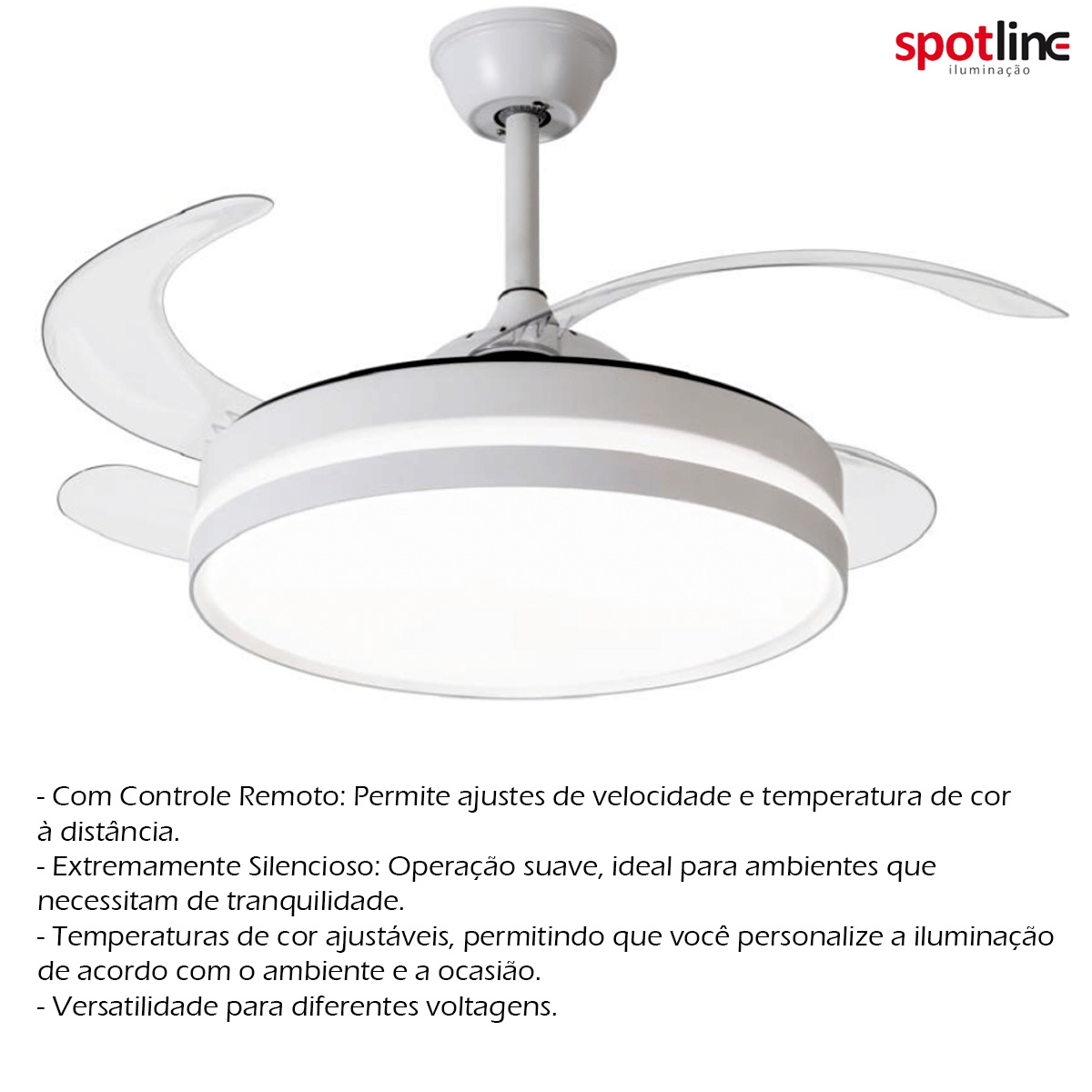Ventilador Isis Retrátil Com Controle 30W Bivolt Branco 3000/4000/6000K Luz Amarela/Neutra/Branca - Spot Line