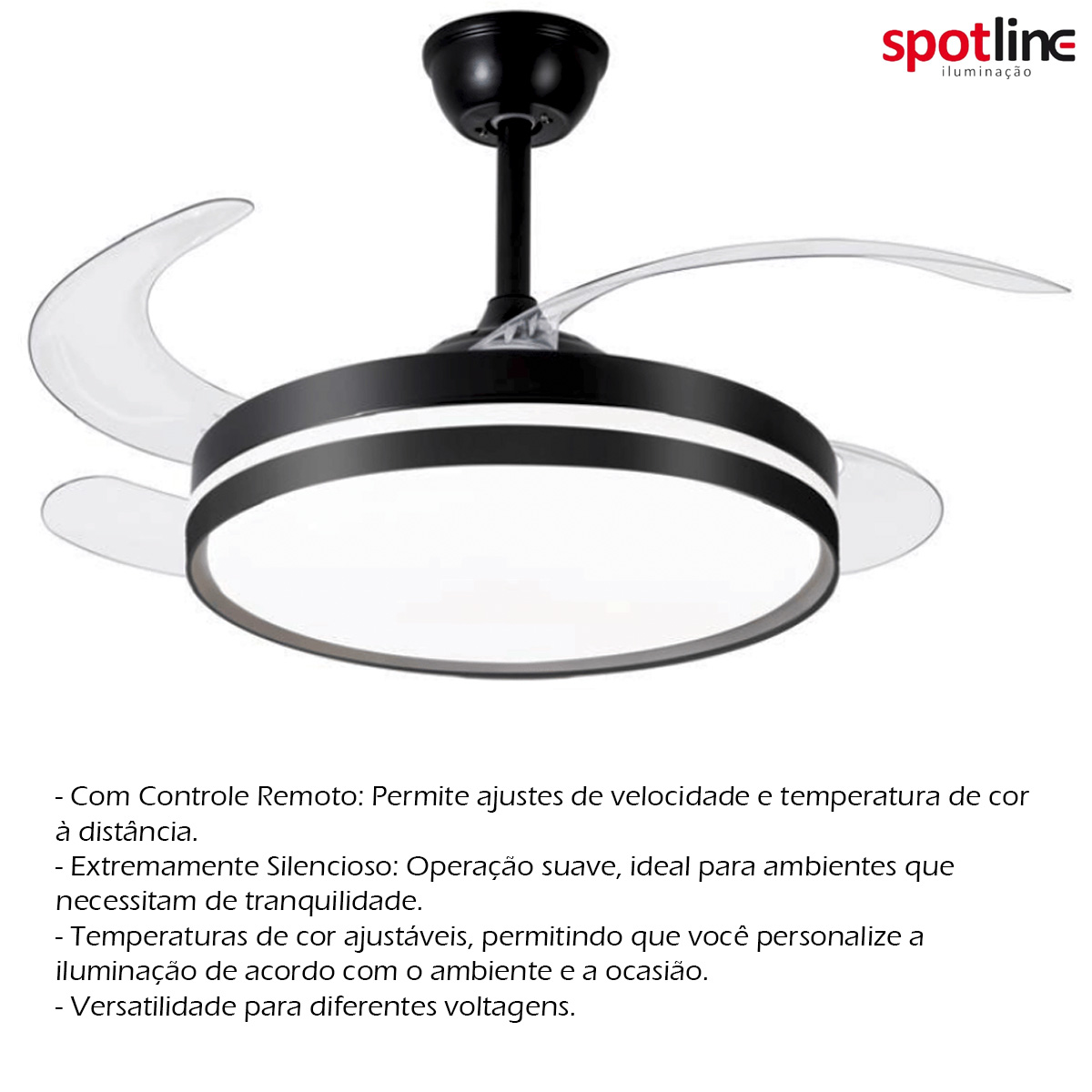 Ventilador Isis Retrátil Com Controle 30W Bivolt Preto 3000/4000/6000K Luz Amarela/Neutra/Branca - Spot Line